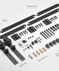 Components of 60 Inch Bi Folding Sliding Barn Door Hardware Kit With 5 Foot Beefy Heavy Duty Track And Roller System in black finish