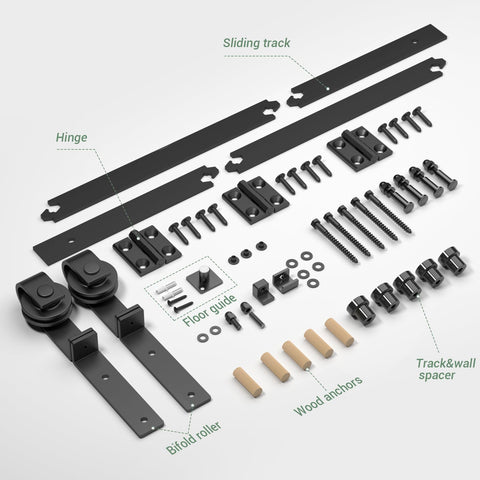 Components of 60 Inch Bi Folding Sliding Barn Door Hardware Kit With 5 Foot Beefy Heavy Duty Track And Roller System in black finish