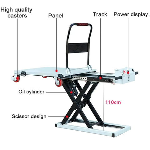Heavy Duty Electric Rechargeable Folding Forklift Cart With Hydraulic Lift Platform For Pickup Trucks And Vans 300 KG Capacity 43 Inch Height showcasing components like casters, oil cylinder, and scissor design.
