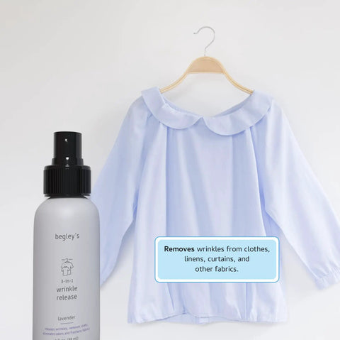 Straight Up Game Changer Travel Size Wrinkle Remover And Static Cling Eliminator With Fresh Linen Scent Quick Fix Odor Killer For Shirts And Pants Two Pack Eco Bio Based Formula with a blue blouse and spray bottle.