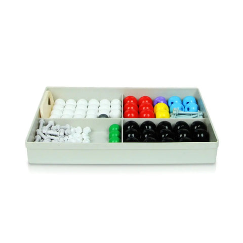 Organic Chemistry Model Kit For Students 125 Piece Hands On Learning Set in tray with color-coded atoms and bonding pieces.