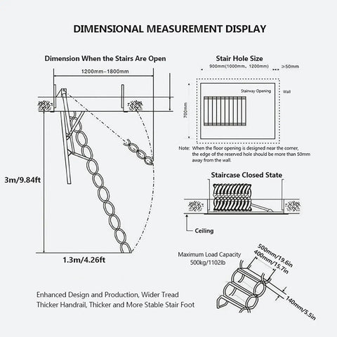 Dimensional measurements for Heavy Duty Electric Telescopic Attic Stairs With Non Slip Treads Smooth Folding Ceiling Ladder.
