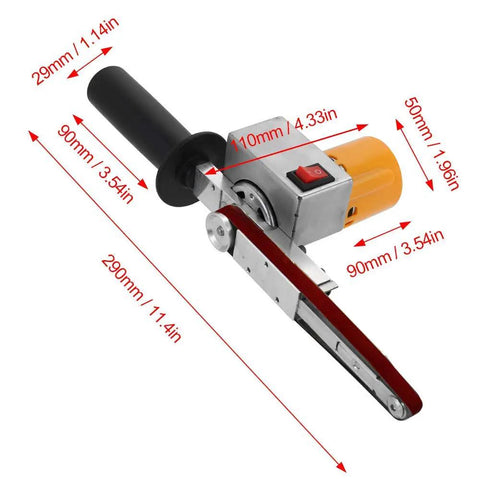 Heavy Duty Electric Belt Sander Doubles As A Handheld Angle Polisher With Knockout Copper Motor Low Vibes showing dimensions and design.