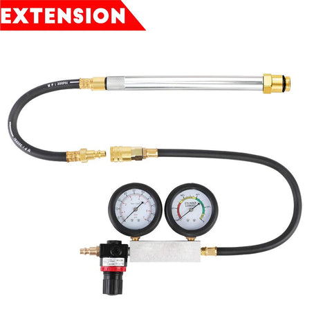 Automotive cylinder leak-down tester kit with dual gauges, brass fittings, hoses and extension rod.