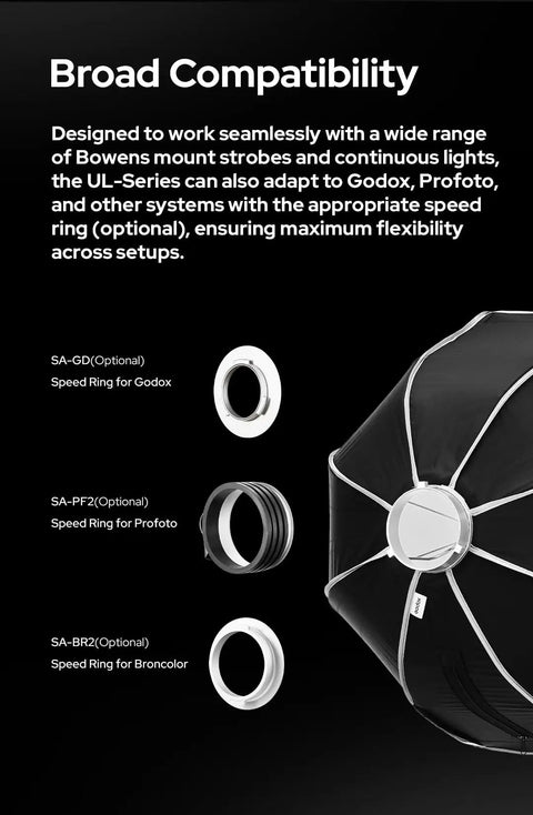 Professional Grade 23.6 Inch Octa Softbox With Bowens Mount showing speed rings for Godox, Profoto, and Broncolor compatibility.
