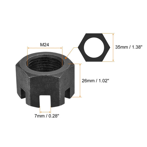 Pick Up This Sick Heavy Duty M24 X 2mm Hex Slotted Castle Nut Crafted From Solid Carbon Steel Grade 4 8 In Deep Matte Black Finish, 35mm width.