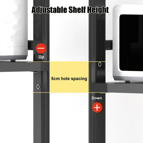 Close-up of adjustable shelf height with 5cm hole spacing on Five-Tier Metal Microwave Storage Rack On Wheels With Side Guardrails