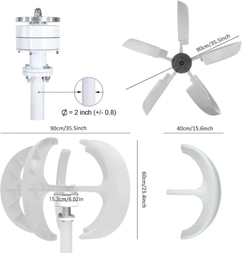 Vertical Lantern Wind Turbine Generator Kit With Controller, 4000W-6000W Output, 24V System, 5 Blade Design dimensions