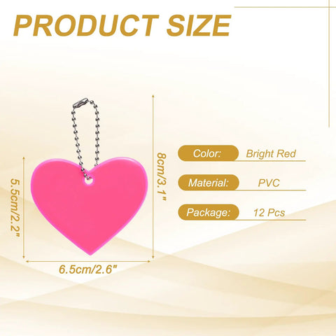 Go-To Pink Heart Shaped Reflector Keychain Set product size showing bright red PVC reflector with 3.1 inch chain, 12 pack included