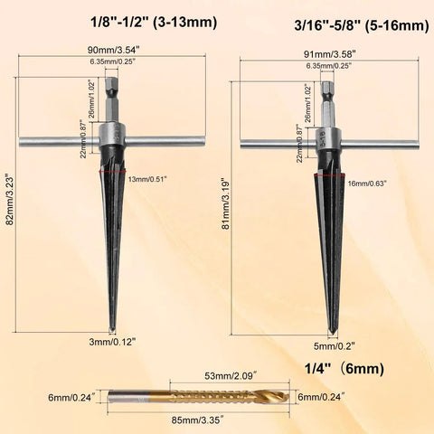 Hand Reamer Set For Guitar And Woodworking Tapered Reamers 3-13mm And 5-16mm showing 6 fluted chamfer and measurements
