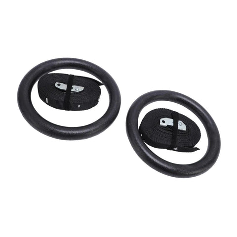 Heavy Duty Gymnastic Rings With Scale Straps For Home Gym Training Black Exercise Rings With 661.38lb Load Capacity Built From ABS And Polyester Durable Strength Gear For Beast Mode Bodyweight Workouts At Home Or In The Gym, including two black rings with straps.