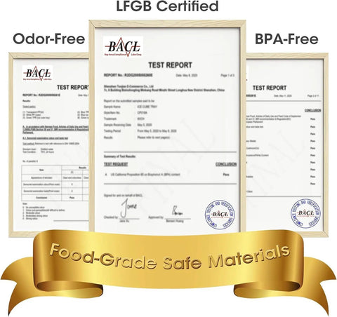 Test report showing LFGB certification for Four Pack Silicone Ice Cube Trays With Lid And Storage Bin Includes Scoop.