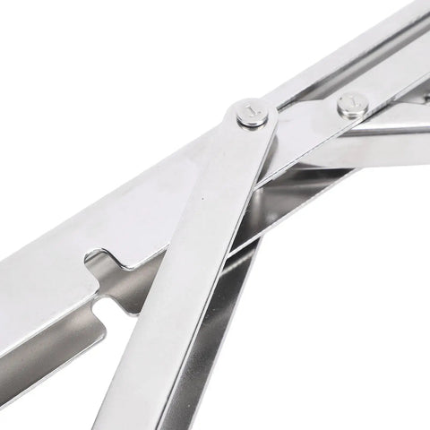 Close-up of Two Pack Stainless Steel Folding Shelf Brackets For Wall Mount And Table Use Self Deploying Space Saving Design Rustproof And Heavy Duty Built