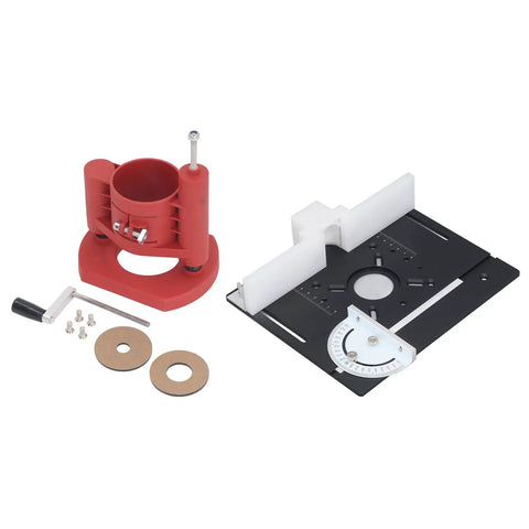 Router Table Insert Base Plate With Quick Lifting System Kit For Woodworking Routers, red and black components with adjustment tool.