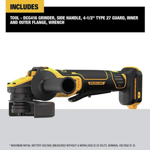 Heavy Duty Angle Grinder With 20V Max FlexVolt Advantage Muscle, Paddle Switch Trigger, showing side profile, 4-1/2 inch disc compatible.