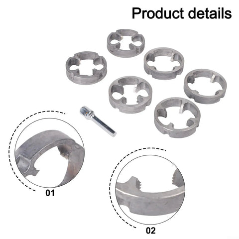 Pro Tip Ratchet Pipe Threader Kit For PVC Pipes includes six plastic dies for 20Mm, 25Mm, 32Mm sizes, showcasing durable design.