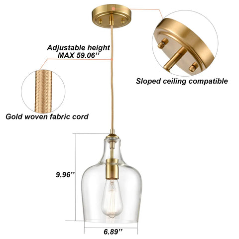 Lit Brushed Gold Pendant Light With Clear Glass Shade, Adjustable 59 Inch Cord, hanging chandelier with measurements