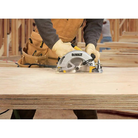 Lightweight 7-1/4 Inch Corded Circular Saw Featuring A Badass 15 Amp Motor With Snappy Electric Brake in use on plywood.