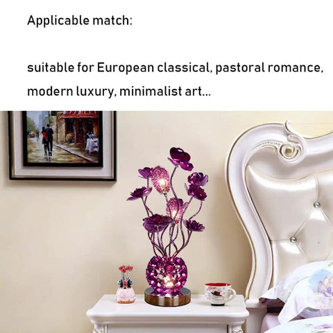 Vase Table Lamp With Modern Decor, Aluminum Flower Lights, G4 LED Bulbs, 3x5W, Warm Glow, Purple Finish on nightstand.