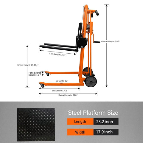 Heavy Duty Manual Winch Material Lift Stacker with dimensions, 500 Pound Capacity, 41 Inch rise compact design for warehouse use.