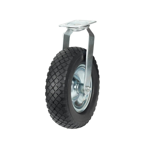 12 Inch Flat Free Foam Filled Rubber Swivel Caster with knobby tread, non-marking, designed for 330 lb capacity use.