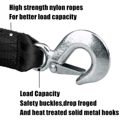Super Durable Trailer Winch Strap With Safety Snap Hook 2 Inch x 20 Ft showcasing solid metal hook for heavy duty hauling.