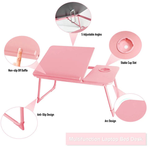 Multiuse Bed Lap Desk With Tilted Angles For Laptops Foldable Portable Bed Table, Candy Pink, 5 angle adjustments, close-up features
