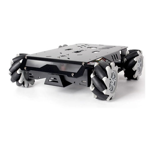 Mecanum-wheel robot chassis toy with four wheels and metal frame, black finish