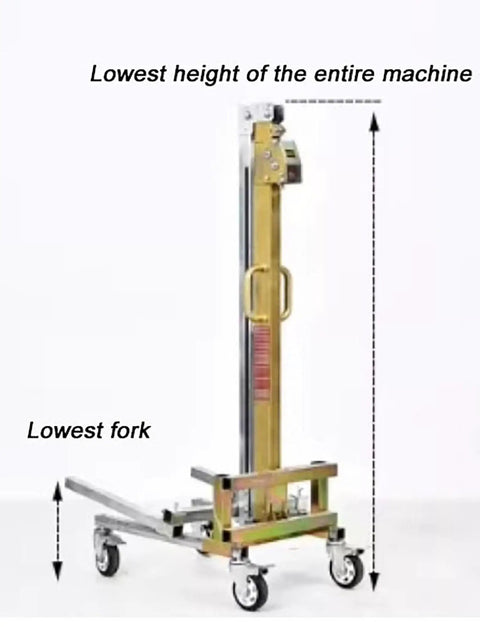 Heavy Duty Manual Pallet Stacker With No Sweat Hand Crank Lever, 80Kg Capacity Foldable Galvanized Steel Forklift For Warehouse Garage Jobs, 210Cm Lift Height showing lowest height of the machine.