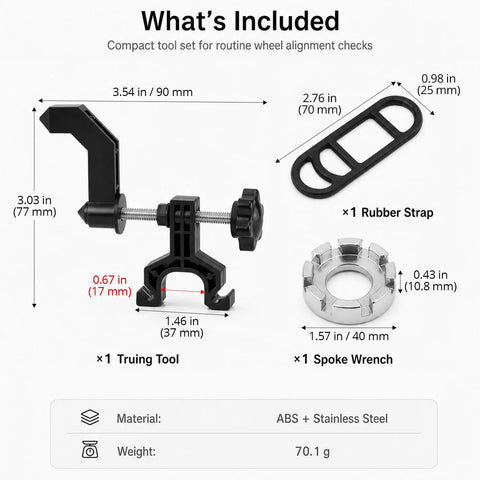 Slick Portable Bike Wheel Truing Stand, Precision Spoke Adjuster For MTB And Road Cycles, compact tool set dimensions with truing tool and spoke wrench.