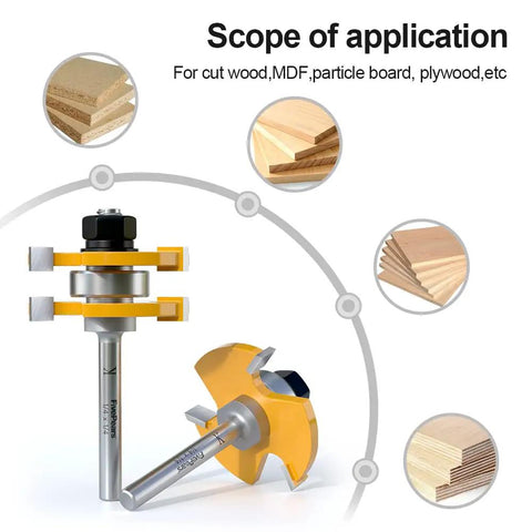 Tongue And Groove Router Bits Set With One Quarter Inch Shank Two Piece Three Tooth T Shape Wood Milling Cutter diagram
