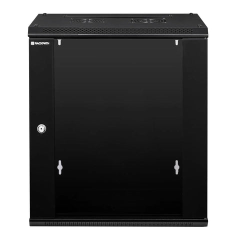 Rock Solid 12U Wall Mount Network Rack Cabinet with Locking Tempered Glass Door, closed view, ideal for 19 Inch Server and AV Gear.