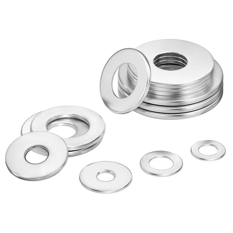 20 Pieces 304 Stainless Steel Flat Washers for Bolts 18 8 Rust Resistant Hardware Set arranged in a stack