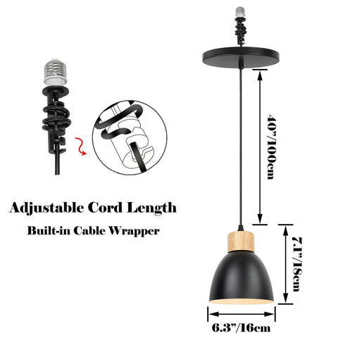 Kiven Instant Light Conversion Kit for 4/5/6inch Hole with adjustable cord, black metal pendant light, size 6.3"/16cm, height 7.1"/18cm.