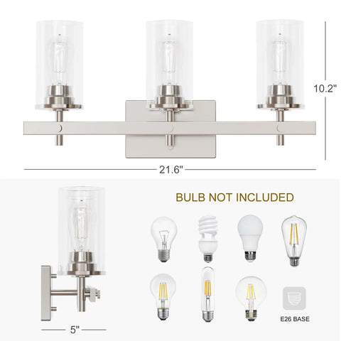 Modern Farmhouse Three Light Vanity Light With Clear Glass Shades In Brushed Nickel For Bathroom Hallway Entryway Kitchen