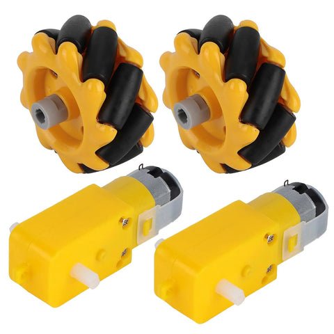 Two yellow 48mm Mecanum wheels with black rollers and two yellow TT geared motors