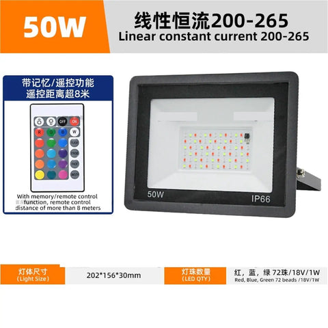 Top Shelf SmartRGB Outdoor Floodlight 50W LED Spotlight With Wifi App Control, IP66, remote control, ideal for outdoor use.