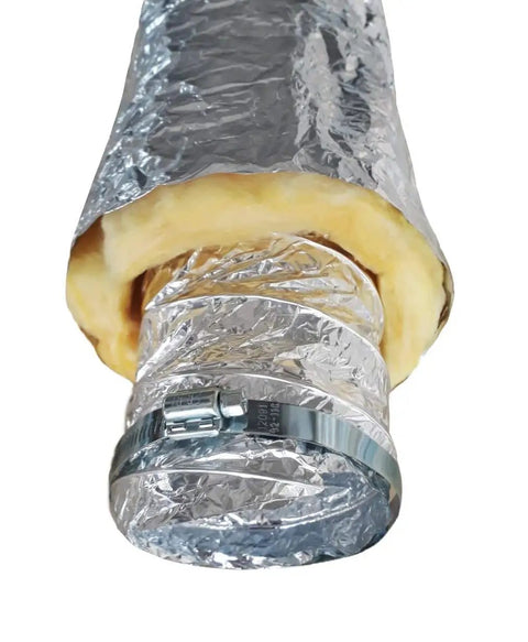 Close-up of 8 Inch Flexible Aluminum Duct Hose With Insulation R-4.2 For Heavy Duty HVAC And Exhaust Ductwork, showing clamp detail