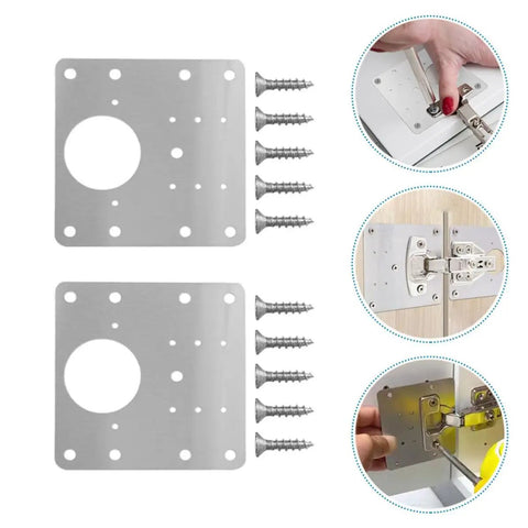 6 Pack Kitchen Cabinet Hinge Repair Plates Made Of Stainless Steel With Screws for smooth opening and no slam, shown with installation examples