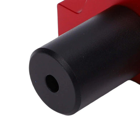 Close-up of Aluminum Bench Dog Stop Block With Quick Disassembly And Non Slip Grip for Woodworking, black and red components visible.