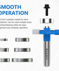 Rabbet Router Bit Set With One Quarter Inch Shank Includes Four Cutting Heights And Six Interchangeable Bearings For Depths In Easy To Use Woodworking Kit Built With YG8 Carbide Blade For Precise Rabeting And Biscuit Slot Cutting showing blue handle with bearings