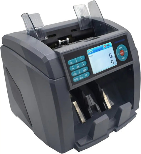 Top Shelf Mixed Denomination Money Counter With Auto Currency ID And Smart Counterfeit Detector, gray design with digital display.
