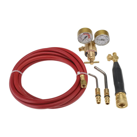 Five Piece Air Acetylene Welding Kit With Swirl Torch, CGA 200 Acetylene Regulator, Boss Level Gauges, red hose, brass fittings