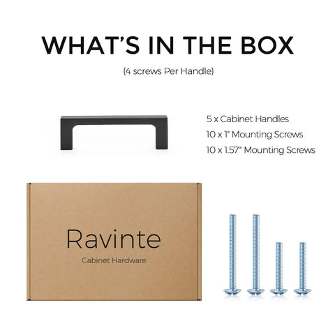 What's in the box view of Must Have 5 Pack 3 Inch Hole Centers Matte Black Cabinet Pulls Handles Solid Drawer Pulls for Kitchen Cabinets