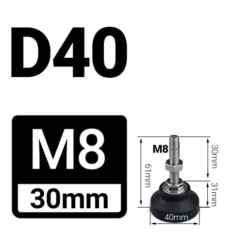Adjustable Leveling Feet With A 40mm Base, Thread M5 To M12, Screw Length 30 To 150mm, Nylon And Stainless Steel Construction, Easy Installation In Pre Threaded Sockets, Anti Slip Cushion Base For Furniture And Cabinets, Multiple Sizes, M8 30mm