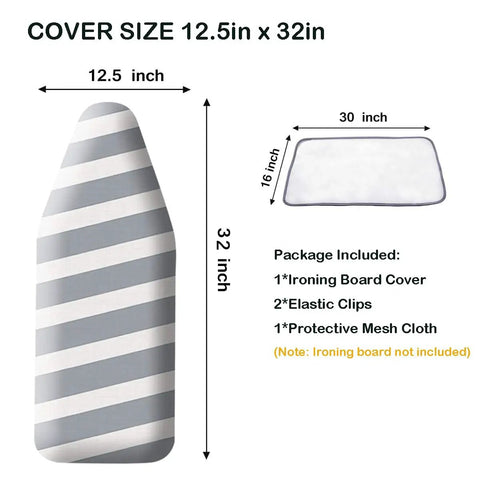 Diagram showing the dimensions of a Tiny Tabletop Ironing Board Cover And Pad Cotton Cover with extra thick padding and package contents.