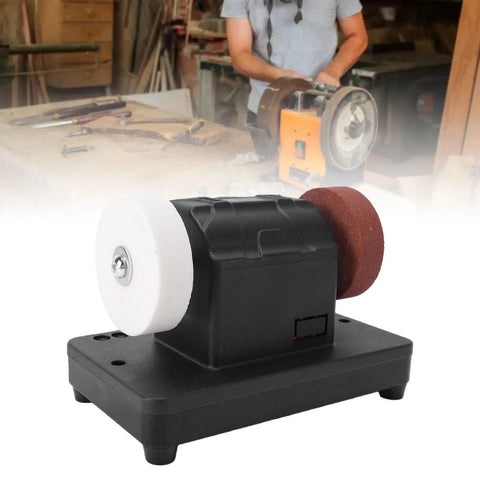 Depisuta Mini Bench Grinder Compatible With 20V Battery Tools. Dual grinding wheels on a compact black base for sharpening.