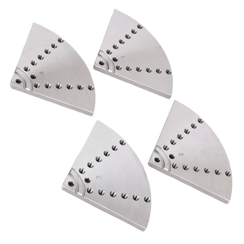 Heavy Duty Four Pack Eight Inch Flat Lathe Jaws Rock Solid Construction With Grade 45 Steel Self Centering Design No Sweat Pin Adjustment And Hex Wrench For Woodturning Shop Jobs, showing four steel flat jaws.
