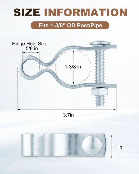 Tough As Nails Heavy Duty Gate Frame Hinges For 1-3/8 Inch OD Posts, Galvanized Chain Link Fence Gate Hinge Set For Outdoor Driveway, Farm, And Fence Gates, Perfect For Gate Repair, Replacement, Upgrades, size diagram for 1-3/8 in OD post