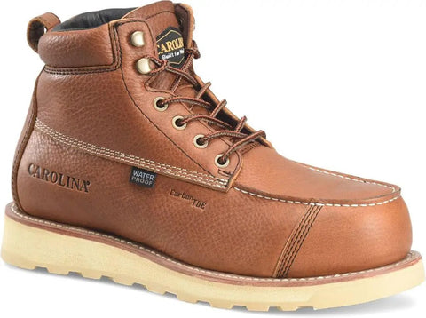 Mens 6 Inch Waterproof Safety Boots Electrical Hazard OH Rated Oil Slip Resistant Rubber Outsole Shock Absorbing EVA Midsole Removable PU Footbed angled view showing brown leather upper and durable rubber outsole.